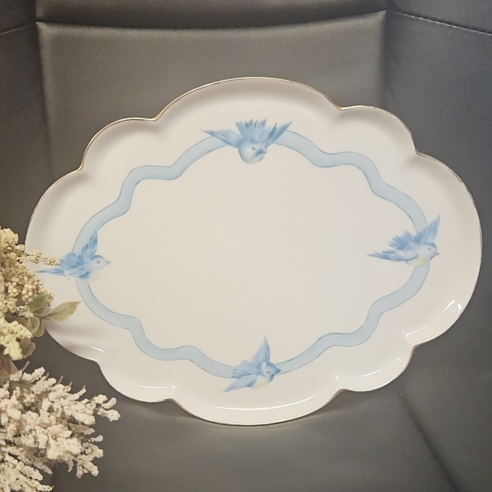 Porcelain Serving Platter with Light Blue Bird Motif